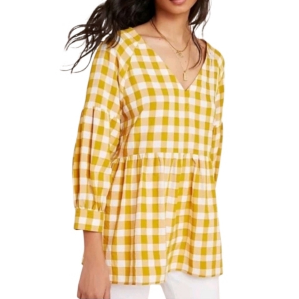 Anthropologie Maeve Gingham Blouse Medium Mustard Yellow Peplum Boho